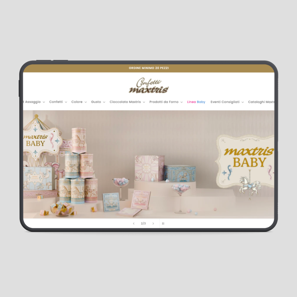 La home dello store B2B su tablet: la barra con l’ordine minimo di 20 pezzi, il menu per colore, gusto e occasione e lo slideshow della linea Maxtris Baby