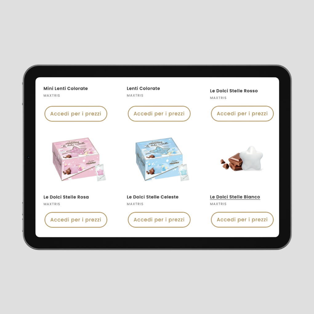 Il catalogo dello store B2B su tablet: al posto del prezzo, sotto ogni confezione di confetti c’è il pulsante «Accedi per i prezzi»