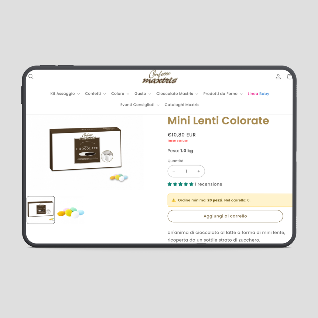 La scheda prodotto dello store B2B su tablet: sopra il pulsante «Aggiungi al carrello» l’avviso «Ordine minimo: 20 pezzi»